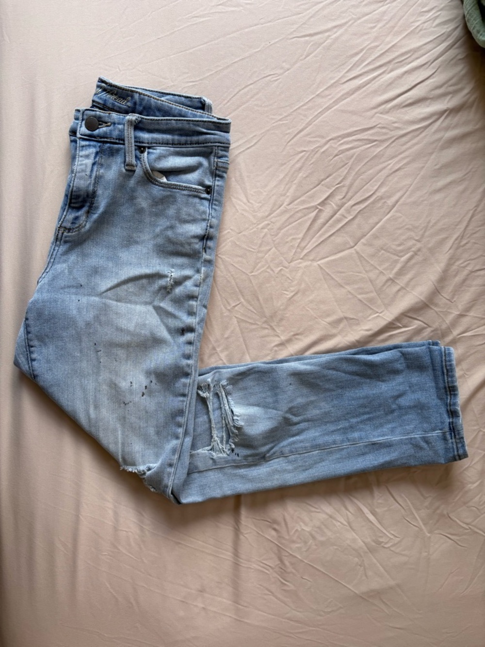 Universal Thread Light Blue Slim Distressed womens Jeans with paint stains